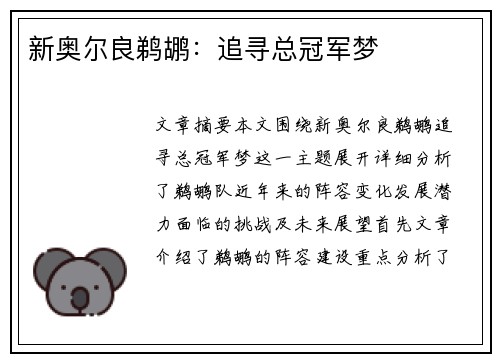 新奥尔良鹈鹕：追寻总冠军梦